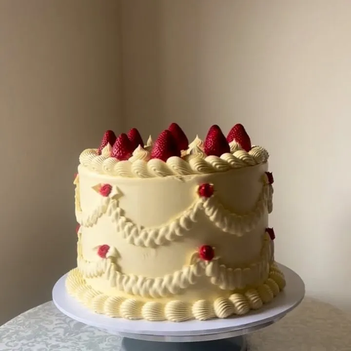 The cream buttercream cake with piped swags and fresh strawberries this comment was left on
